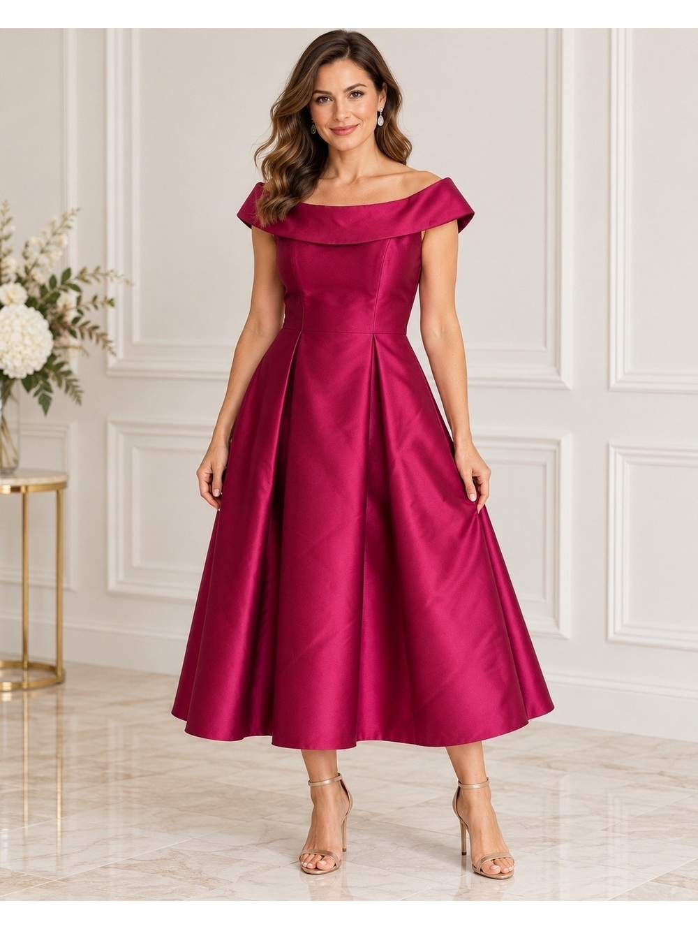 Adrianna Papell Red Plum Off Shoulder Satin A-Line Gown Dress Size 10 NWT